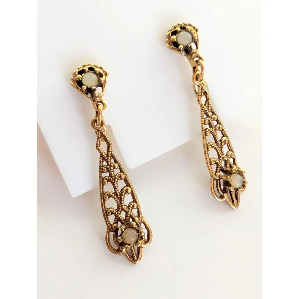 Vintage Antique Gold Tone Filigree Art Deco Faux Pearl Dangle Clip On Earrings